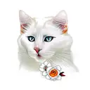 a turkish Van White cat with orange fur next to its ear sitting by a vase filled with a bouquet of red and white flowers tattoo design idea