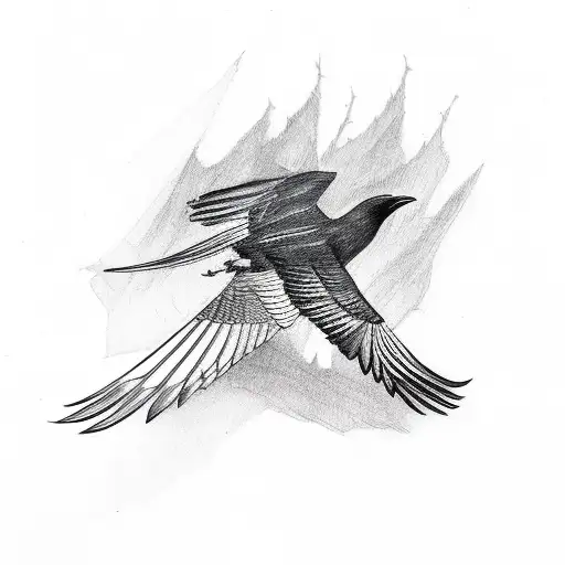 crow loosing feather druing flight tattoo design idea