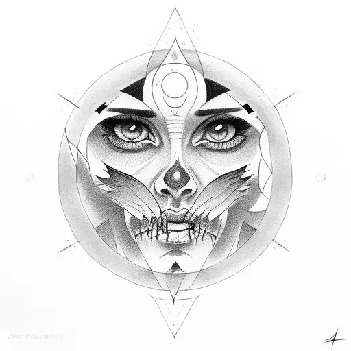 half angel face & half demon face in a circle. "We create our own demons" around the circle tattoo design idea