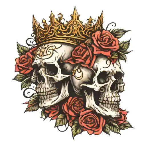 two skull heads wearing crown of thorns surrounded by roses and ribbon tattoo design idea