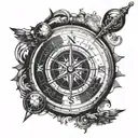 Northstar compass with Roman numeral clock and world map tattoo design idea