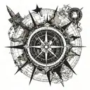 Northstar compass with Roman numeral clock and world map tattoo design idea