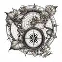 Northstar compass with Roman numeral clock and world map tattoo design idea