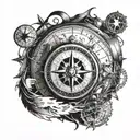 Northstar compass with Roman numeral clock and world map tattoo design idea