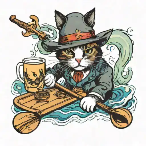 Cat dress as a cowboy, with a coffee cup, on a paddle board tattoo design idea