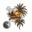 mountain and palm tree yin yang symbol tattoo design idea
