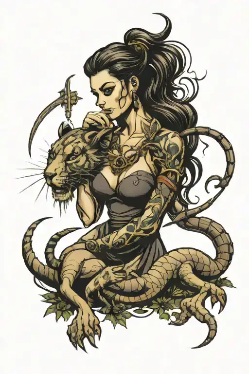 huntress with lion and scorpion intertwined tattoo design idea