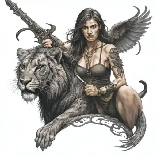 huntress with a lion and scorpion tattoo tattoo design idea