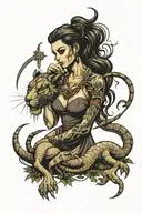 huntress with lion and scorpion intertwined tattoo design idea