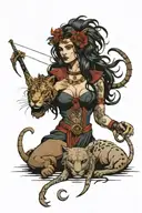 huntress with lion and scorpion intertwined tattoo design idea