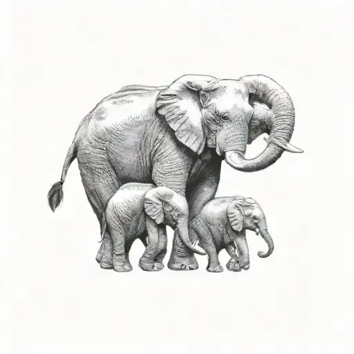 3 elephant family, mother and 2 young. it is aggressive and new era tattoo design idea