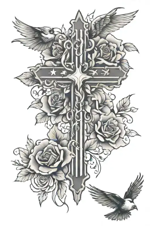 cross with flowers intertwined with bird and American flag  tattoo design idea