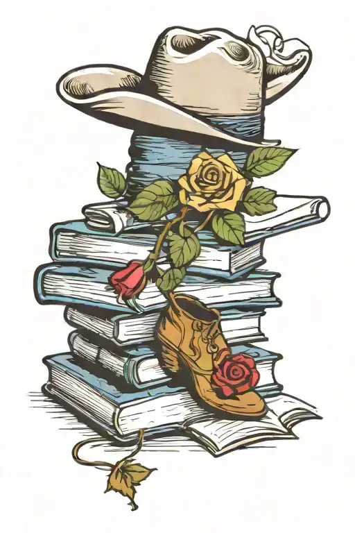 a stack of books with the top book open and has a rose, cowboy boots and a cowboy hat coming out of the pages  tattoo design idea