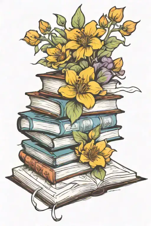 a stack of books with the top book open and has flowers coming out of the pages and says te vivo  tattoo design idea