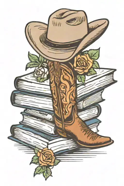 a stack of books with the top book open and has a rose, cowboy boots and a cowboy hat coming out of the pages  tattoo design idea
