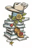 a stack of books with the top book open and has a rose, cowboy boots and a cowboy hat coming out of the pages  tattoo design idea