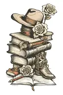 a stack of books with the top book open and has a rose, cowboy boots and a cowboy hat coming out of the pages  tattoo design idea