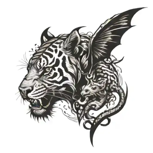 Combine elements of Greek mythology and Norse mythology in a surrealistic tattoo design featuring a dragon and a tiger in blackwork style tattoo design idea