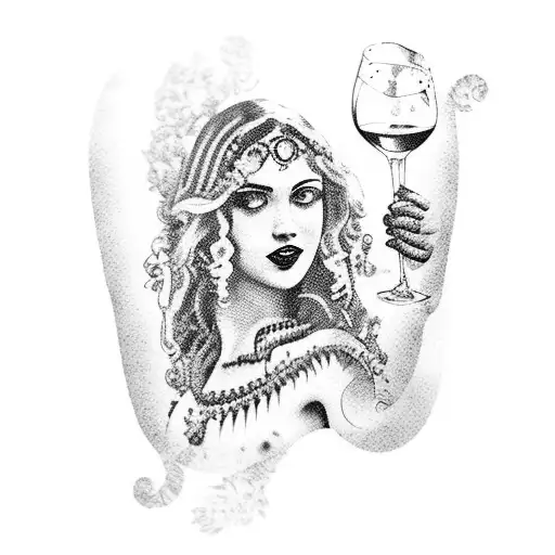 Bacchus with wine and young women tattoo design idea
