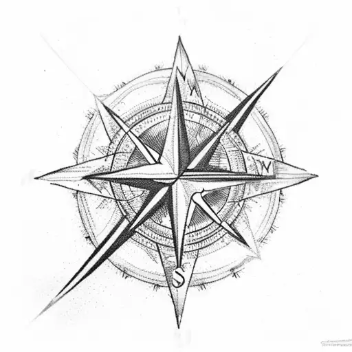 A compass rose intertwined with tree branches and leaves, with lightning bolts striking in the distance tattoo design idea