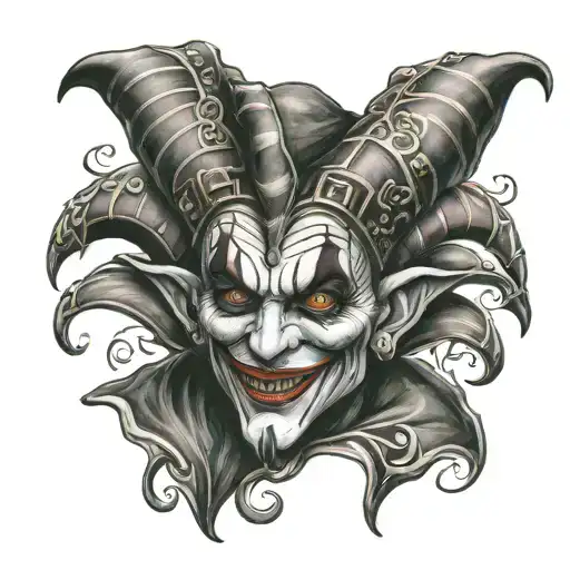 evil male jester with white pupilless eyes tattoo design idea