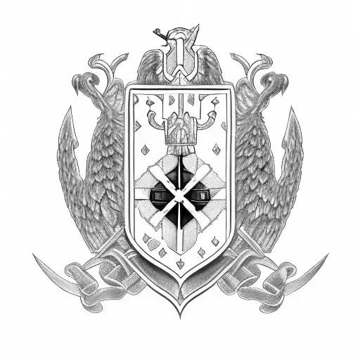 family crest with shield having 5 parts, cross on top, include heart, fire, book, narrow path, banner with psalm 16:11 tattoo design idea