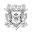 family crest with shield having 5 parts, cross on top, include heart, fire, book, narrow path, banner with psalm 16:11 tattoo design idea