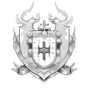 family crest with shield having 5 parts, cross on top, include heart, fire, book, narrow path, banner with psalm 16:11 tattoo design idea