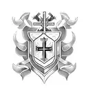 family crest with shield having 5 parts, cross on top, include heart, fire, book, narrow path, banner with psalm 16:11 tattoo design idea