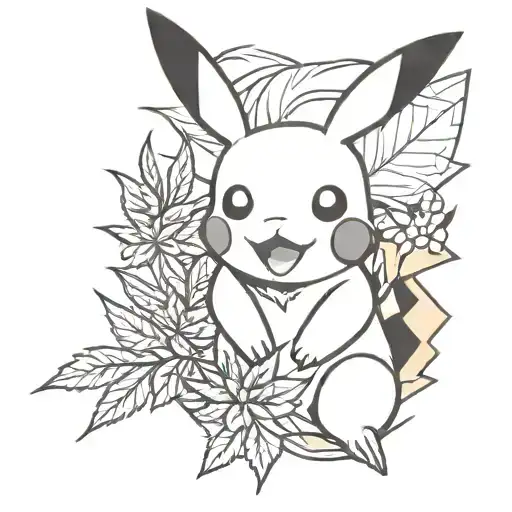 Tattoo Design Of Pikachu, Simple, Marijuana leaves, White And Black, Line Work, , Digital Illustration, Pop Art, Pencil  tattoo design idea