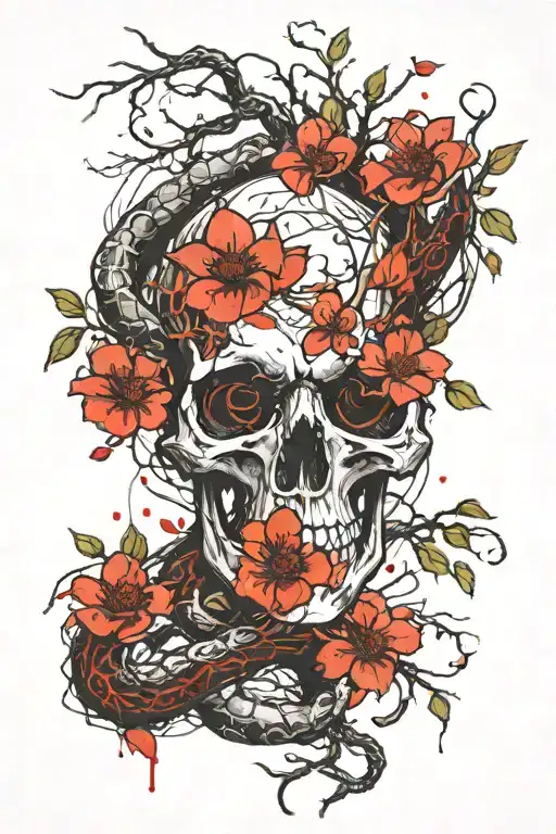 skull snake Sakura tree intertwined tattoo design idea