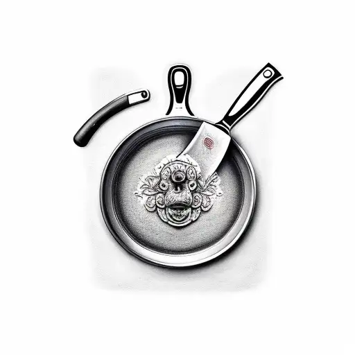 Kitchen knife and frying pan crossed tattoo design idea