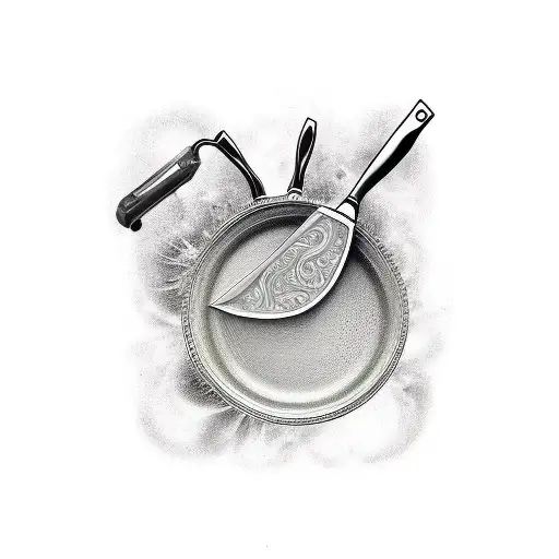 Kitchen knife and frying pan crossed tattoo design idea