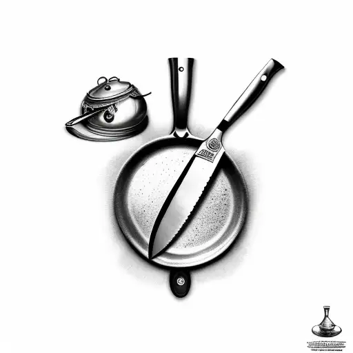 Kitchen knife and frying pan crossed tattoo design idea