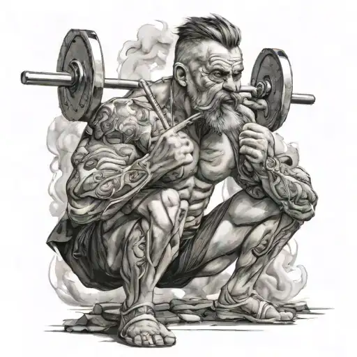 A man squats with a barbell on his shoulders and a cigarette in his mouth tattoo design idea