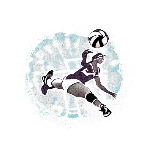 A volleyball player diving to save the ball, with a silhouette of a city skyline in the background tattoo design idea