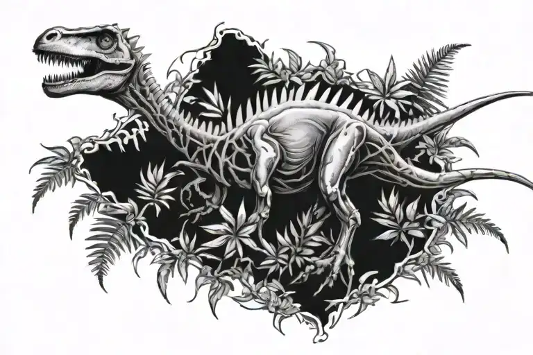 Dinosaur half bones in foliage tattoo design idea