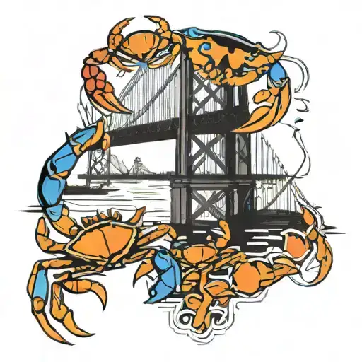 Francis Scott Key bridge with Maryland blue crabs, rockfish, a bowie and music notes in the water below  tattoo design idea