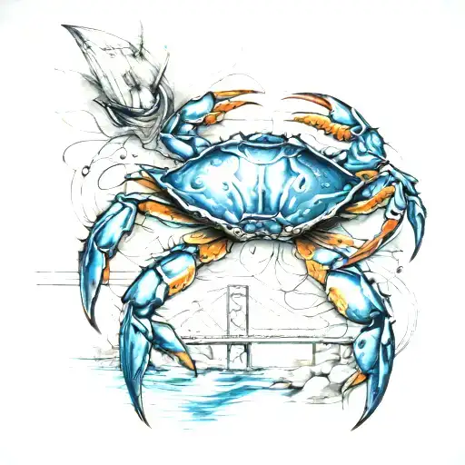 Francis Scott Key bridge adding Maryland blue crab, rockfish, and music notes in the water below the bridge. tattoo design idea