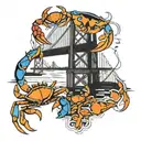 Francis Scott Key bridge with Maryland blue crabs, rockfish, a bowie and music notes in the water below  tattoo design idea