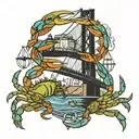 Francis Scott Key bridge with Maryland blue crabs, rockfish, a bowie and music notes in the water below  tattoo design idea