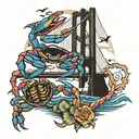 Francis Scott Key bridge with Maryland blue crabs, rockfish, a bowie and music notes in the water below  tattoo design idea
