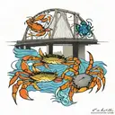 Francis Scott Key bridge with Maryland blue crabs, rockfish, a bowie and music notes in the water below  tattoo design idea