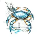 Francis Scott Key bridge adding Maryland blue crab, rockfish, and music notes in the water below the bridge. tattoo design idea