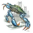 Francis Scott Key bridge adding Maryland blue crab, rockfish, and music notes in the water below the bridge. tattoo design idea