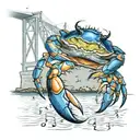 Francis Scott Key bridge adding Maryland blue crab, rockfish, and music notes in the water below the bridge. tattoo design idea