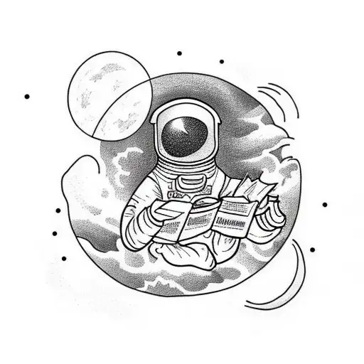 An astronaut reading a book while floating in space tattoo design idea