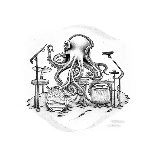 A music festival scene with an octopus playing the drums on the beach tattoo design idea