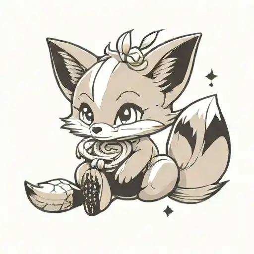 a baby fox kawai with seven tails watching stars tattoo design idea