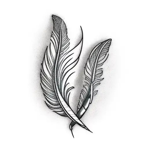 A minimalistic tattoo of a stylish feather pen with musical notes swirling around it, reflecting the client's interests in design and music tattoo design idea